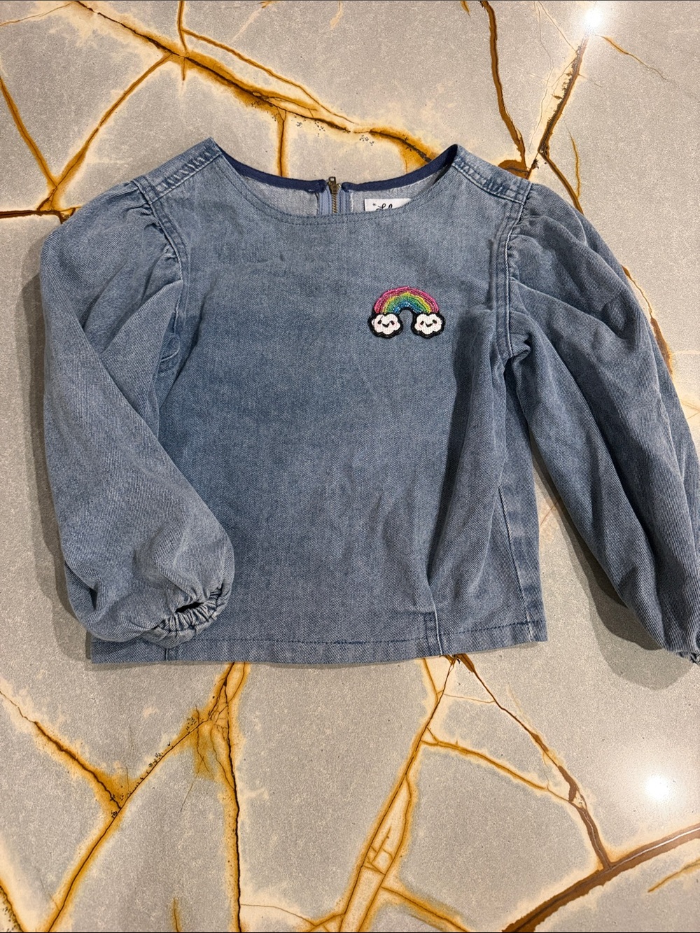 Blue Denim-Look Long Sleeve Top with Rainbow Patch